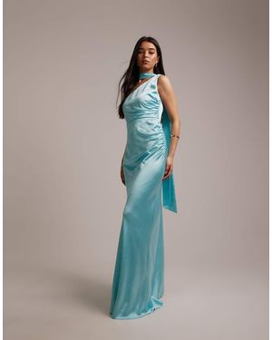 Six Stories Bridesmaids One Shoulder Scarf Detail Gathered Maxi Dress - Blue