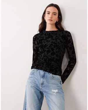 Vila High Neck Ruched Velvet Devore Mesh Top - Black