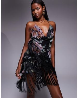 ASOS Layered Fringe Detail Cowl Plunge Mini Dress With Drape Open Back - Multicolor