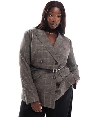 ASOS Asos Design Curve Check Blazer With Faux Leather Belt - Grey