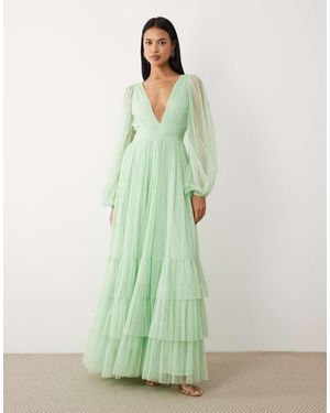 LACE & BEADS Bridesmaid Madison Smocked Plunge Neck Sheer Sleeve Maxi Dress - Green