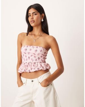 ASOS Textured Bandeau Crop Top With Bubble Hem - Pink