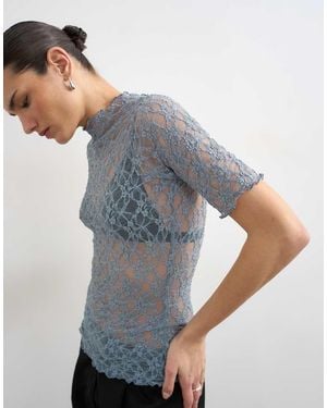 TOPSHOP Lace Fitted High Neck Half Sleeve Top - Grey
