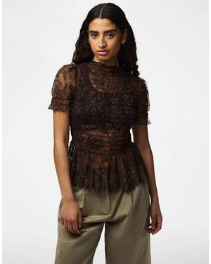 Pieces Jilly Lace High Neck Short Sleeve Top - Brown