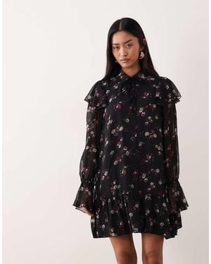 Y.A.S Frill Trim Chiffon Mini Dress - Black