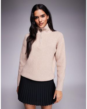 Aria Cove Ribbed Knit Funnel Neck 3/4 Zip Sweater - Natural