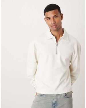 ASOS Boxy Relaxed Quarter Zip Sweatshirt With Collar - White