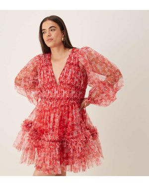 Lace & Beads Plus Balloon Sleeve Organza Mini Dress - Red