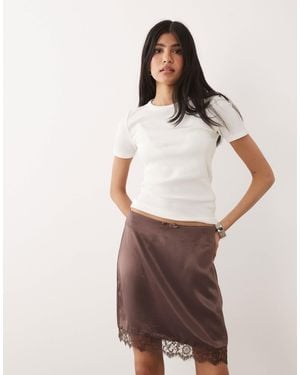 Miss Selfridge Satin Lace Trim Mini Skirt - Brown
