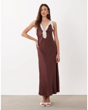 Mango Sleeveless Satin Midi Dress With Lace Trim - Red