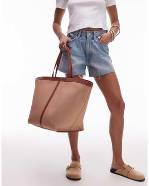 ARKET Large Canvas Tote With Leather Details Contrast Stitches - Natural