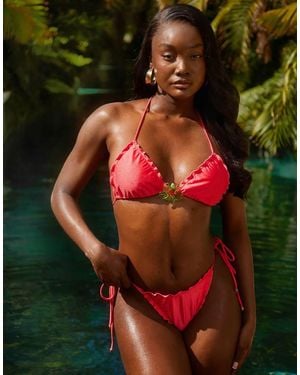 South Beach Triangle Bikini Top With Frill Hem And Flower Detail - Green