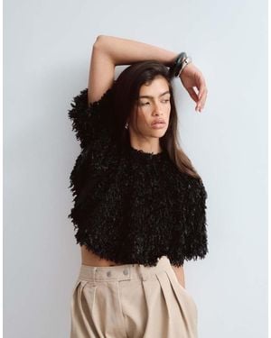 ARRANGE Faux Feather Trapeze Crop T-Shirt - Black
