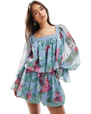 ASOS Square Neck Blouse With Lace Trim - Blue