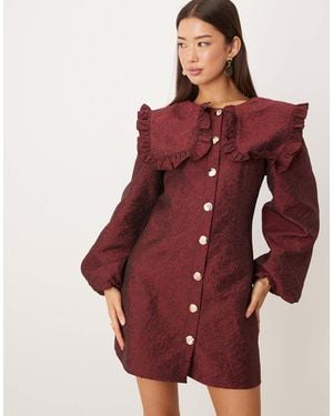 Ghospell Oversized Collar Balloon Sleeve Mini Dress - Red