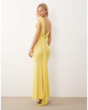ASOS Backless Detail Mesh Maxi Dress With Train Sash - Natural