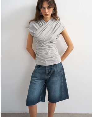 TOPSHOP Wrap Front Ruched Short Sleeve Top - Blue