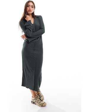 Vila Textured Button Front Open Collar Midi Dress - Blue