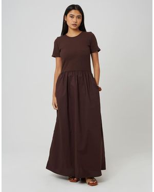 Brave Soul Crew Neck Jersey And Poplin Mix Maxi Dress - Brown