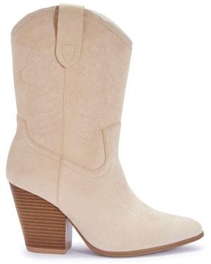 SEQWL Western Cowboy Mid Calf Boots Embroidered With Pointed Toe - Natural