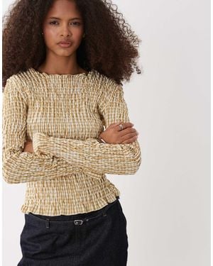 Daisy Street Check Long Sleeve Shirred Top - Natural
