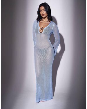 South Beach Crochet Flared Sleeve Starfish Maxi Kaftan - Blue