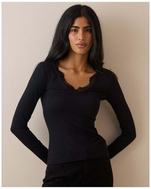 Nobody's Child Scalloped Lace Trim Modal-Rich Top - Black