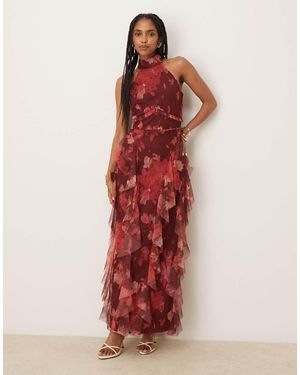 LACE & BEADS Halterneck Ruffle Midaxi Dress - Red