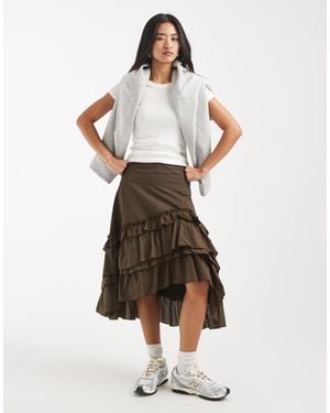 Daisy Street Ruffle Asymmetric Midi Skirt - Natural