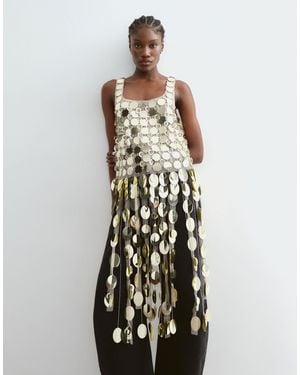 ARRANGE Futurist Sequin Vest Top With Long 3d Fringe Hem - White