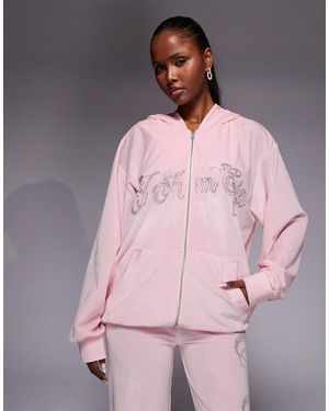 I.AM.GIA Daria Velour Diamante Logo Detail Zip Through Hoodie Co-ord - Pink