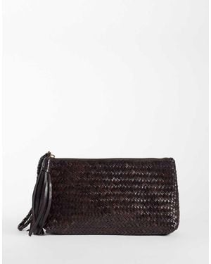 Mango 100% Leather Woven Pouch - Black