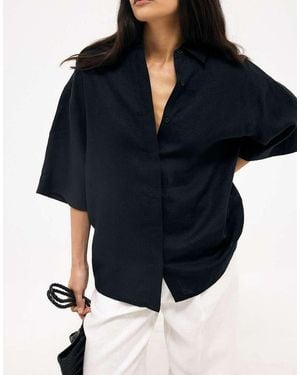 NA-KD Linen Short Sleeve Shirt - Blue
