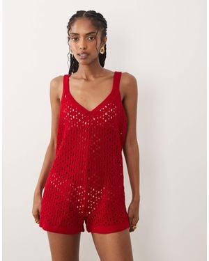 Miss Selfridge Crochet Playsuit - Red