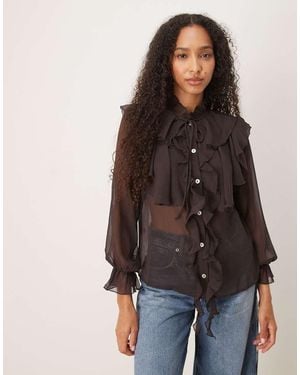 Glamorous Button Up Tie Front Ruffle Blouse - Brown