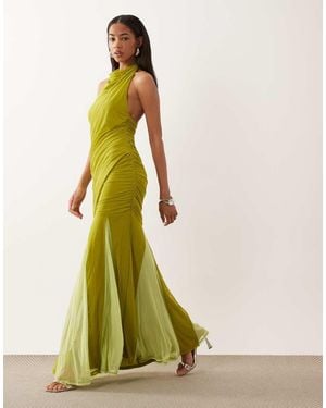 ASOS High Halter Mesh Maxi Dress With Contrast Godets - Green