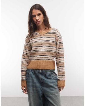 Monki Jacquard V-neck Knitted Jumper - Blue