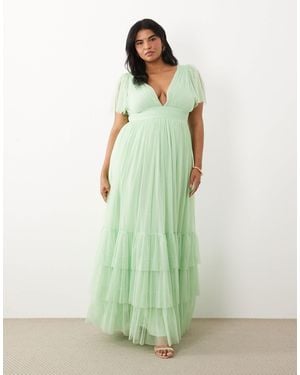 Lace & Beads Plus Bridesmaid Madison Smocked Flutter Sleeve Tiered Maxi Dress - Green