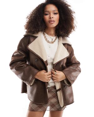 Stradivarius Faux Leather Jacket With Borg Lining - Brown