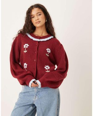 Neon Rose Floral Frill Detailed Cardigan - Red