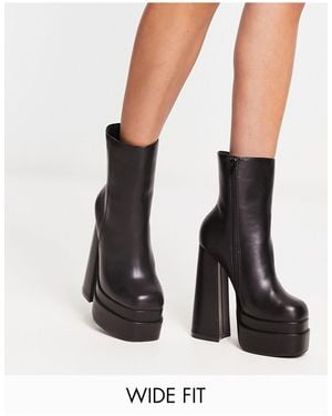 Truffle Collection Wide Fit Double Platform Heeled Ankle Boots - Black