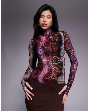 AFRM Lace Mesh High Neck Long Sleeve Thumbhole Top - Brown