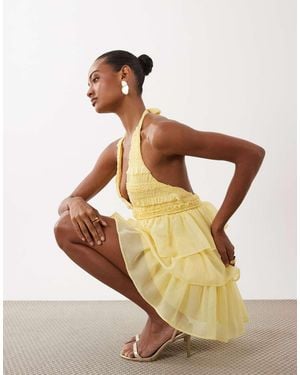 TFNC London Shirred Chiffon Halter Neck Ruffle Mini Dress - Yellow