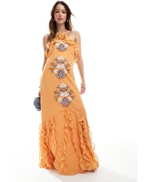 Maya Embellished Halter Neck Ruffle Maxi Dress - Orange