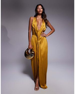 TFNC London Satin Deep V Halter Neck Knot Detail Drape Front Maxi Dress - Yellow