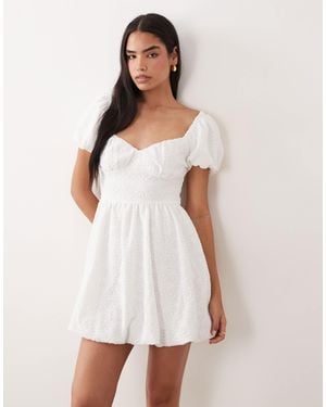 Gina Tricot Puff Short Sleeve Flower Embroidered Mini Dress - Natural