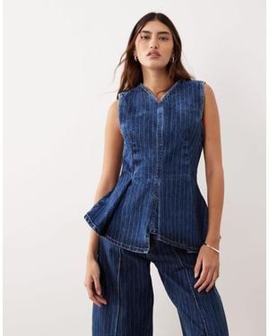 ARRANGE Stitch Stripe Denim Pleated V Neck Top Co-ord - Blue