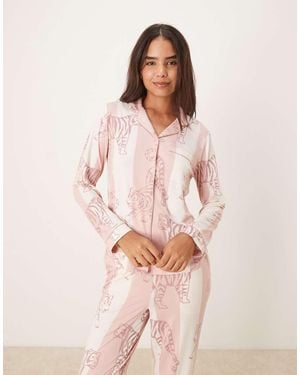 Chelsea Peers Poly Long Sleeve Revere Pyjama Set - Pink