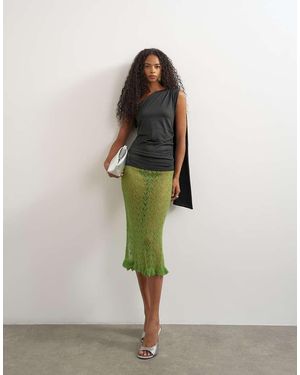 TOPSHOP Knitted Ruffle Hem Pointelle Midi Skirt With Wool - Green