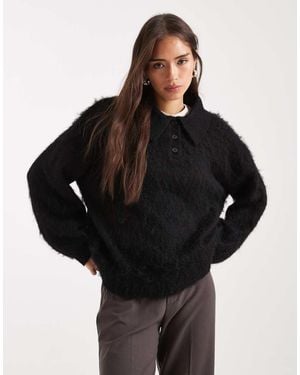ASOS Brushed Rugby Polo Jumper - Black